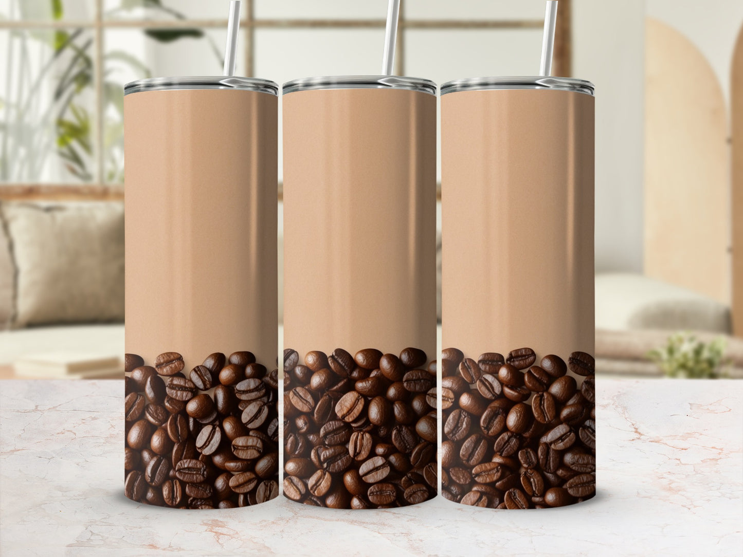 Three tall tumblers with coffee beans at the bottom and blank space above.
