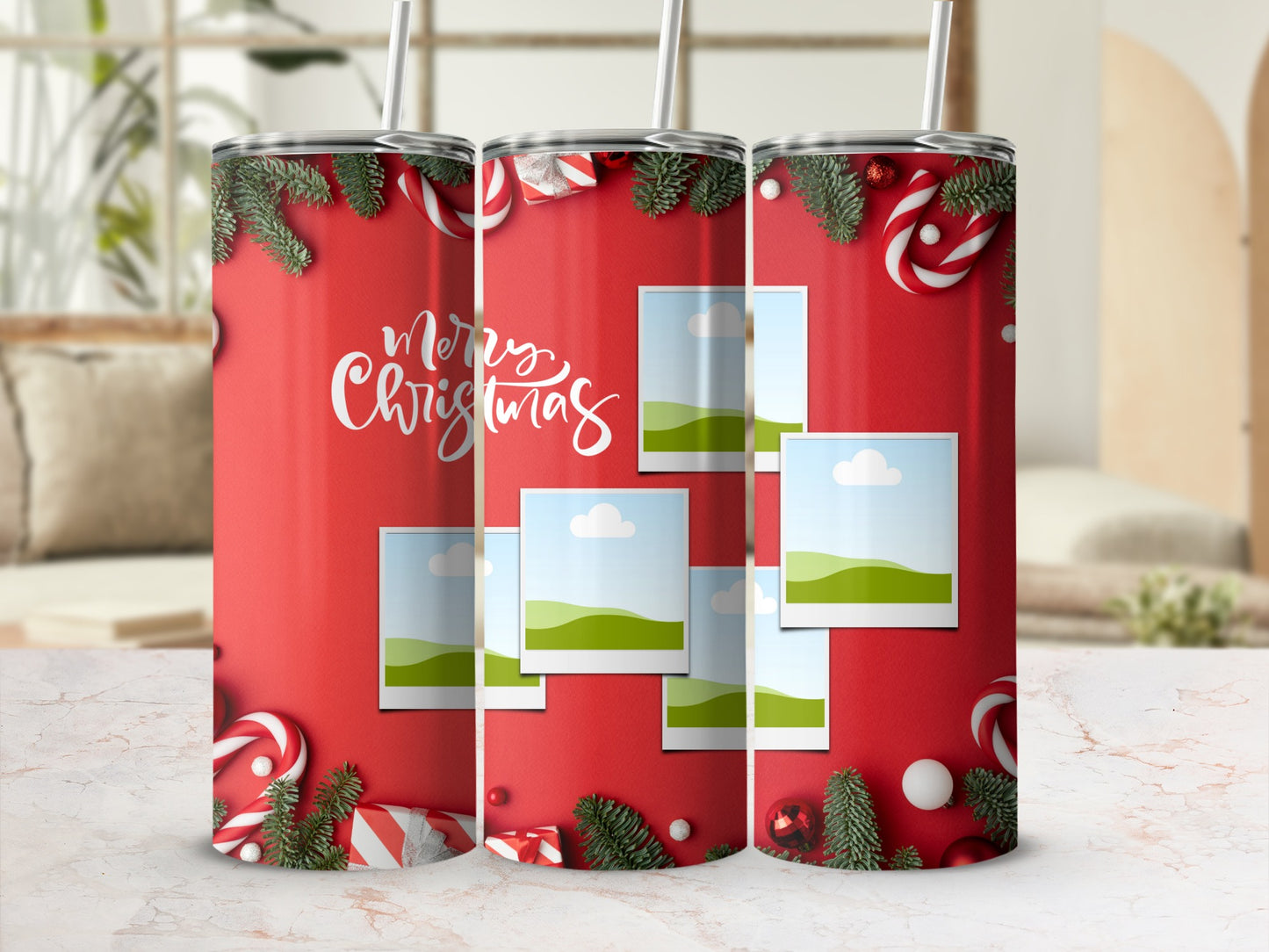 Red tumblers with Christmas design and photo placeholders, saying "Merry Christmas".