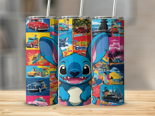 Stitch character on a colorful collage of vintage cars and movie posters.