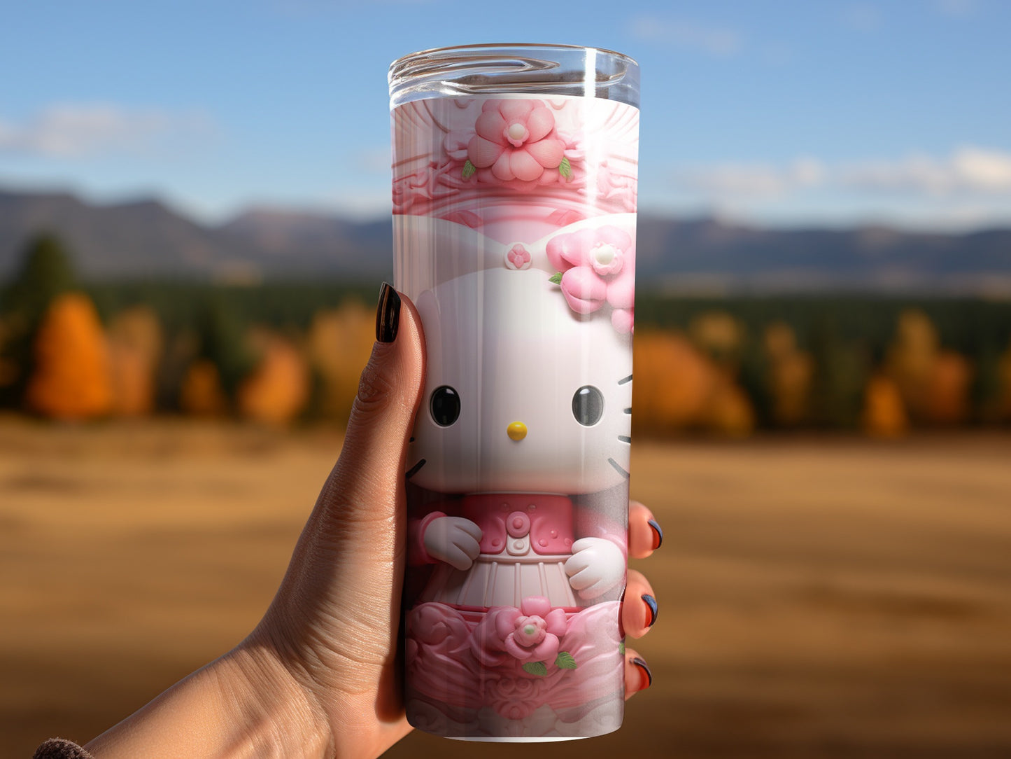 Cute Pink Illustrated Hello Kitty Themed Travel Mug