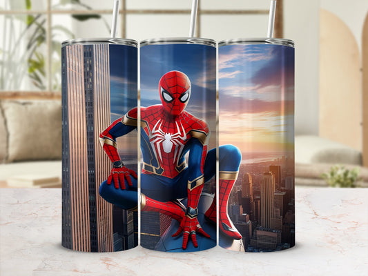 Spider-Man crouching on building with cityscape background.