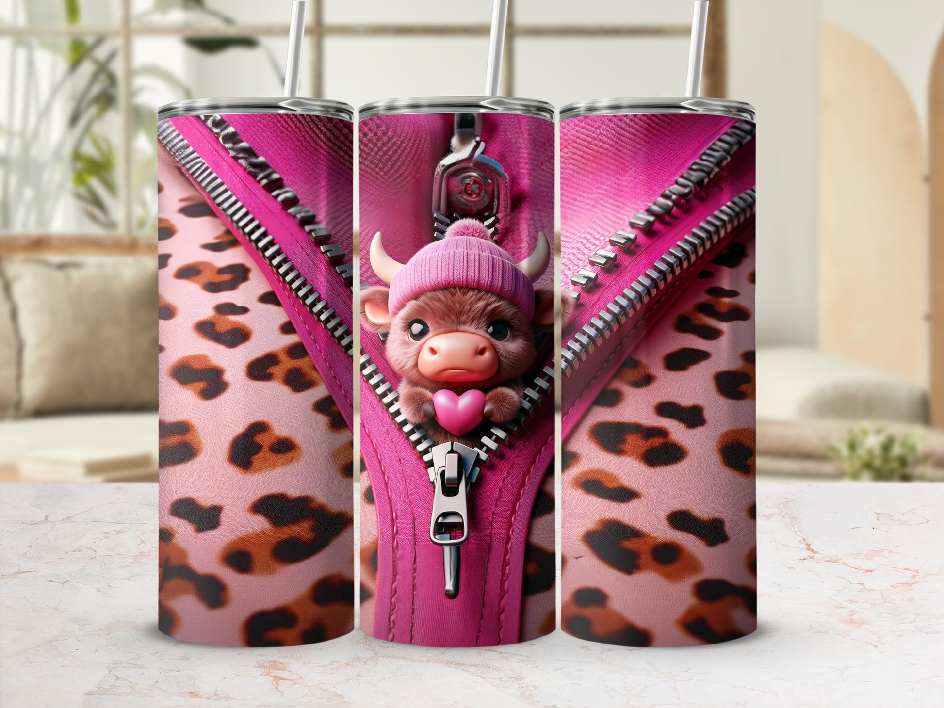 Pink leopard print tumbler with a zipper revealing a cute cow wearing a beanie.