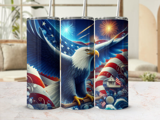 American bald eagle with flag, fireworks, and patriotic designs on three tumblers.