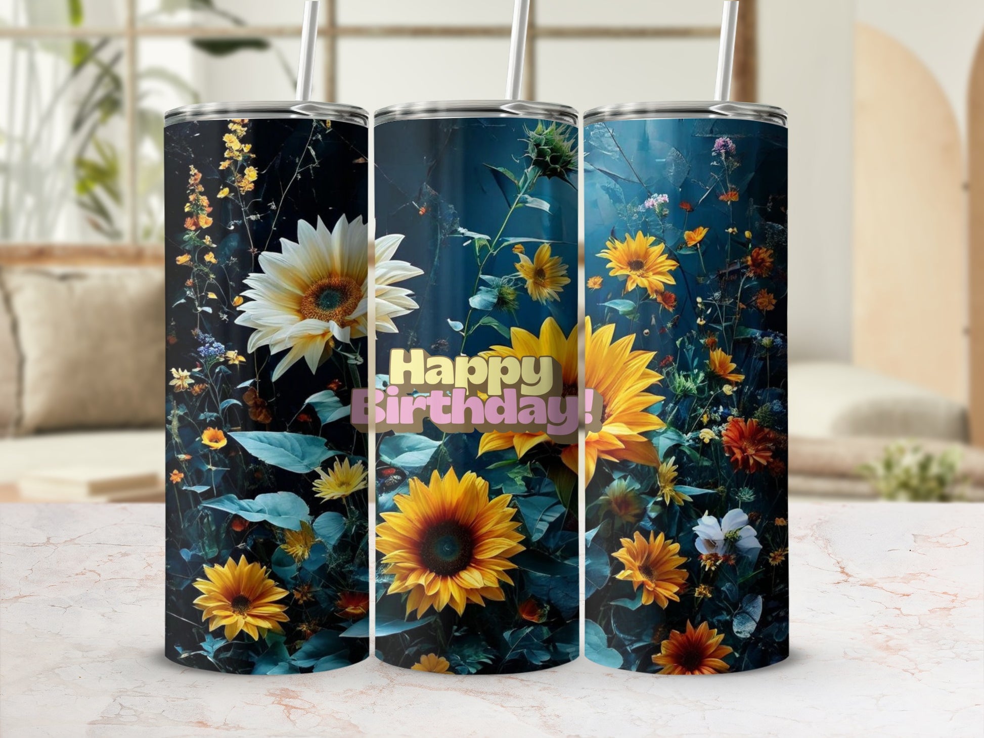 Birthday tumbler with sunflowers and other flowers.