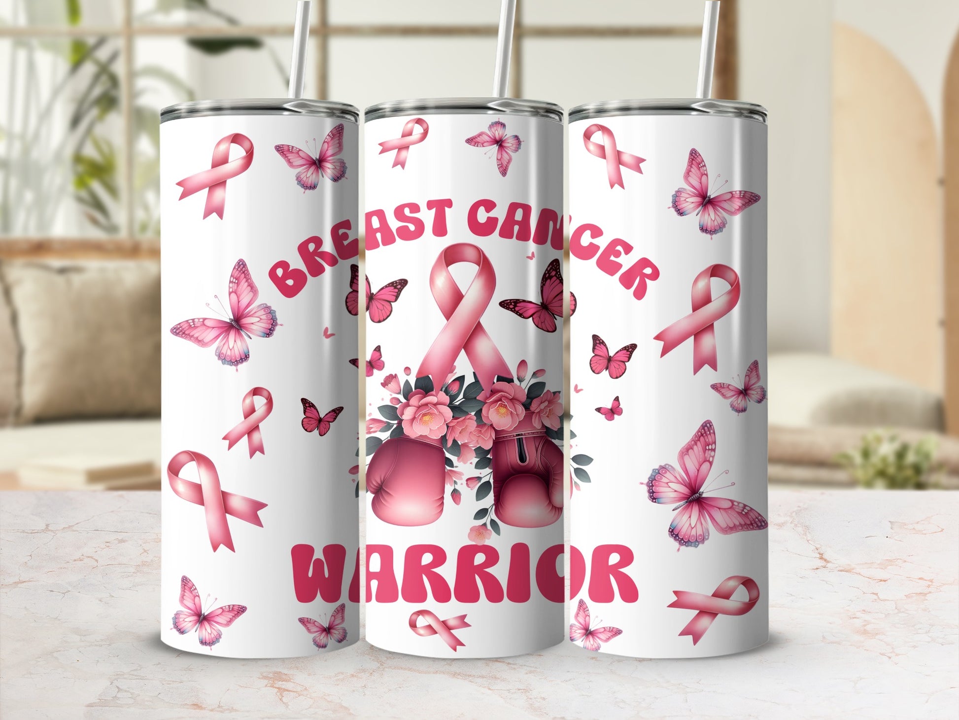 Pink ribbon and butterflies on white tumbler with "Breast Cancer Warrior" text.