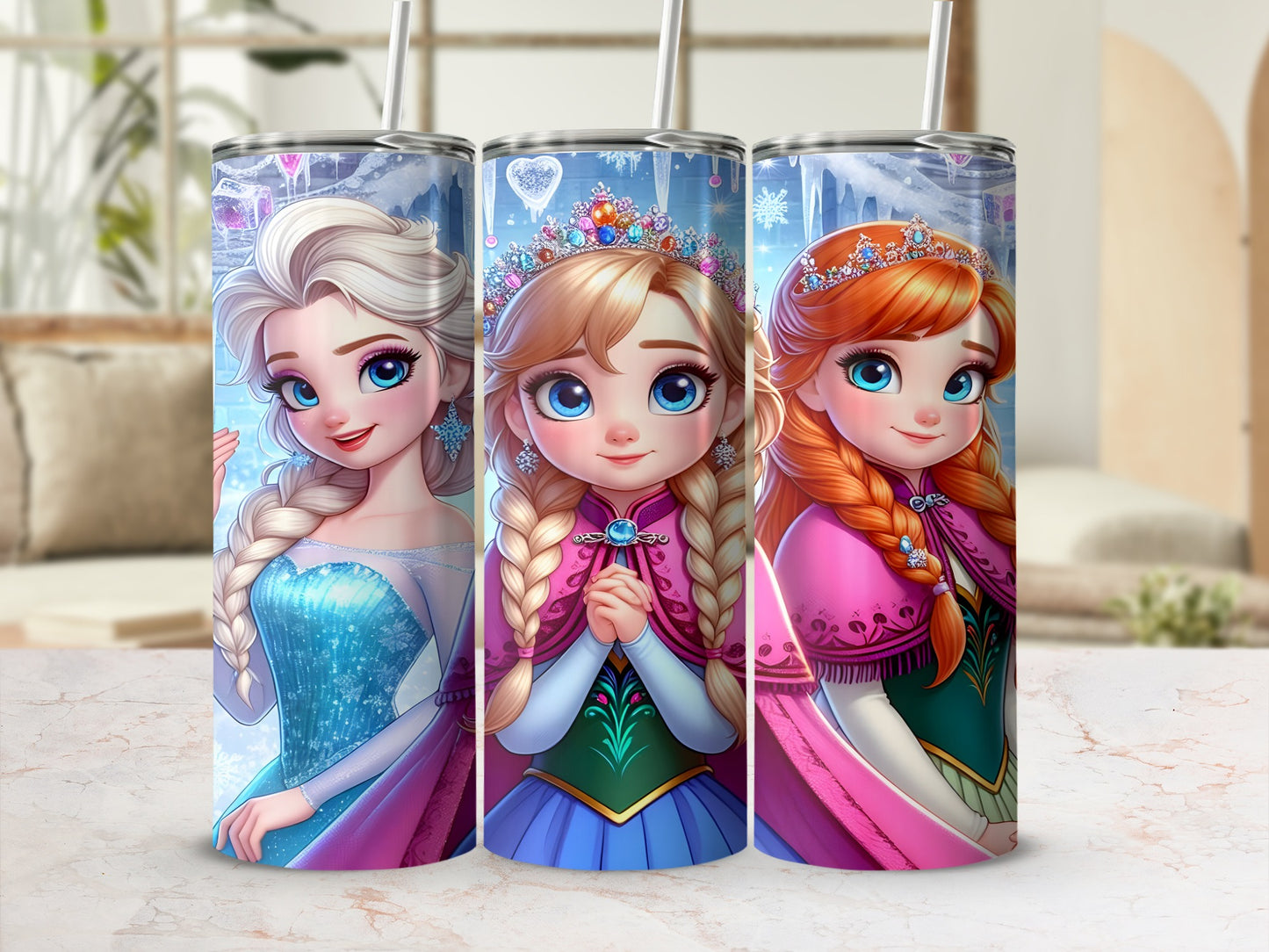Three Disney princesses: Elsa, Anna, and Merida, on tumblers.