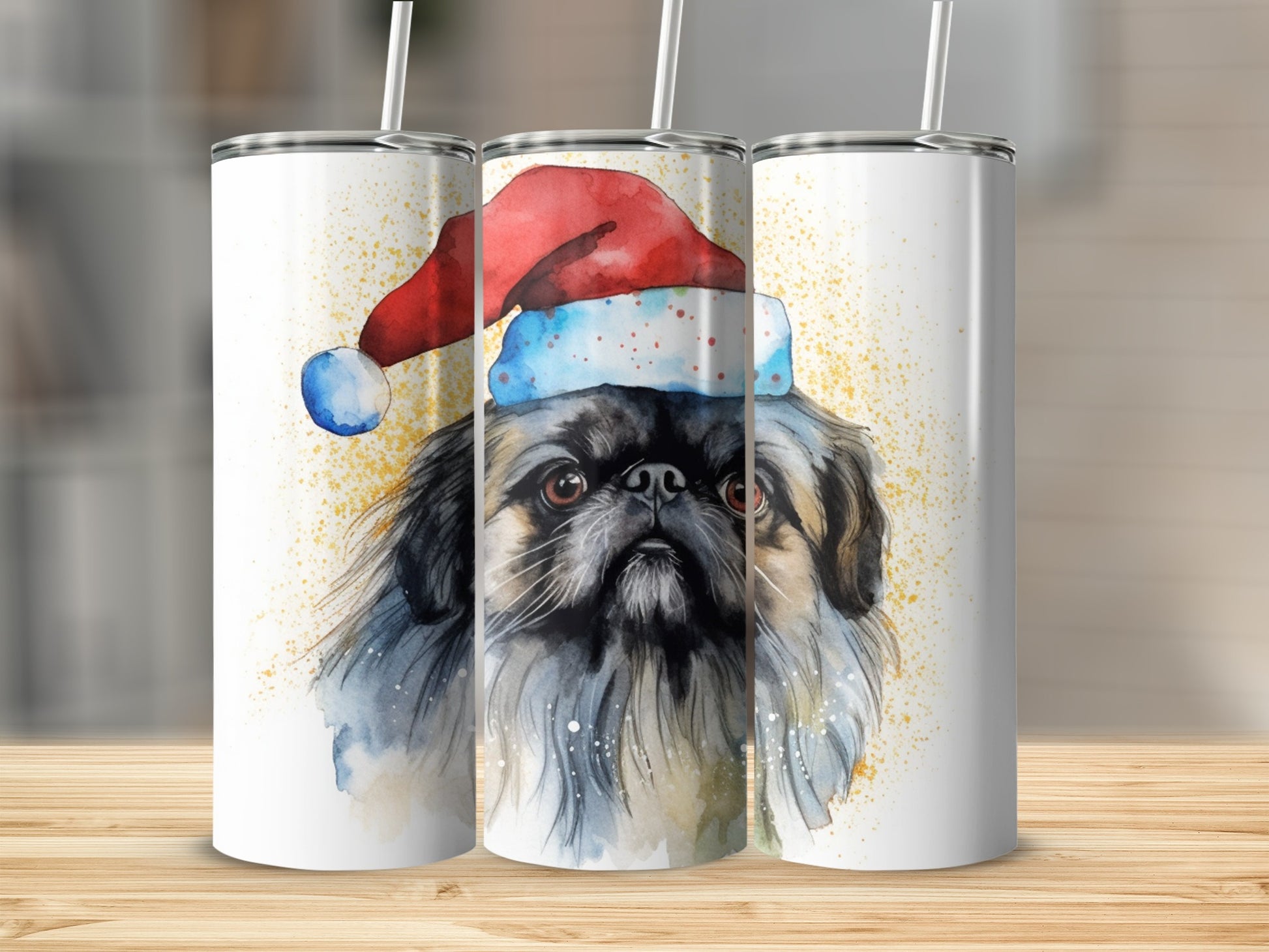Watercolor Pekingese dog wearing a Santa hat.