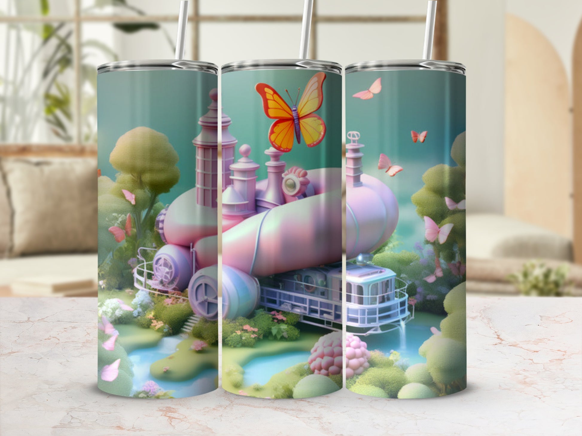 Whimsical pink train with a butterfly and floral surroundings.