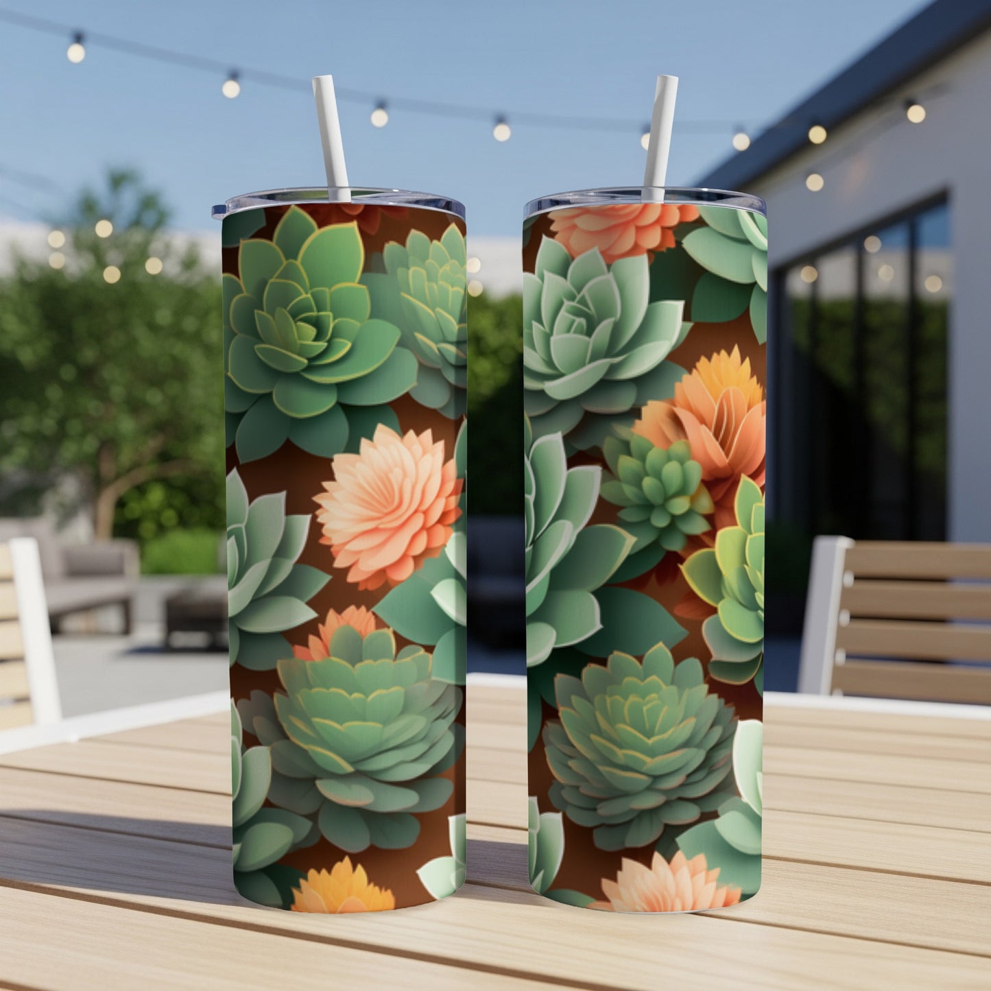 Two tumblers with a succulent floral pattern on a wooden table.
