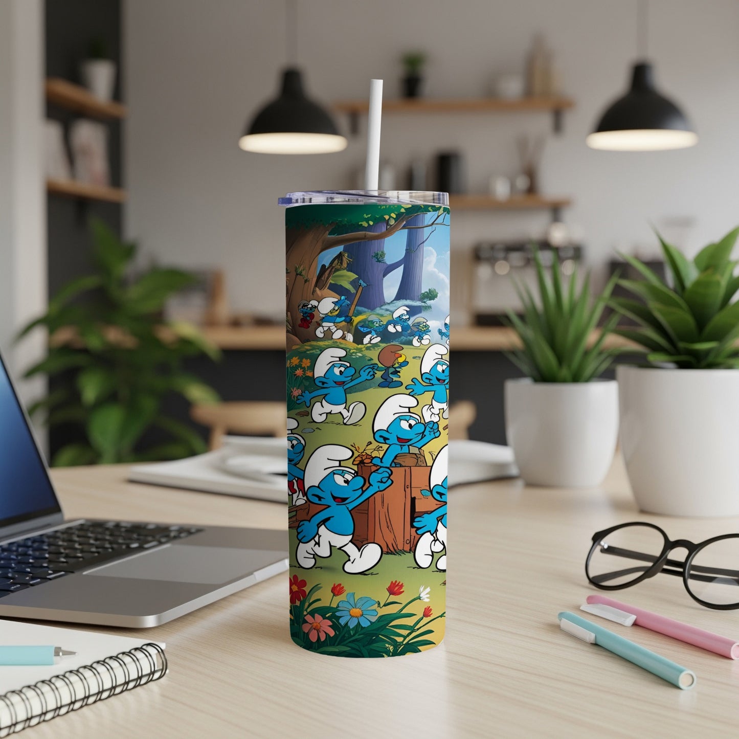 Smurfs in a forest clearing with flowers and trees, on a tall tumbler.