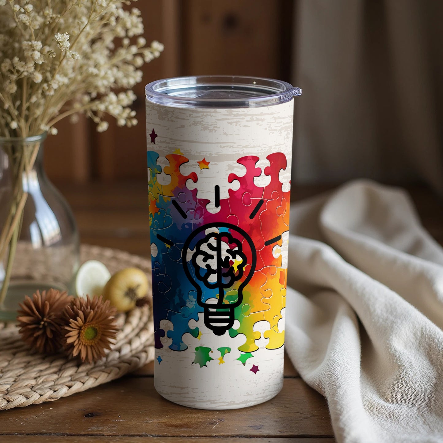 Colorful Puzzle Light Bulb Design Tumbler Cup