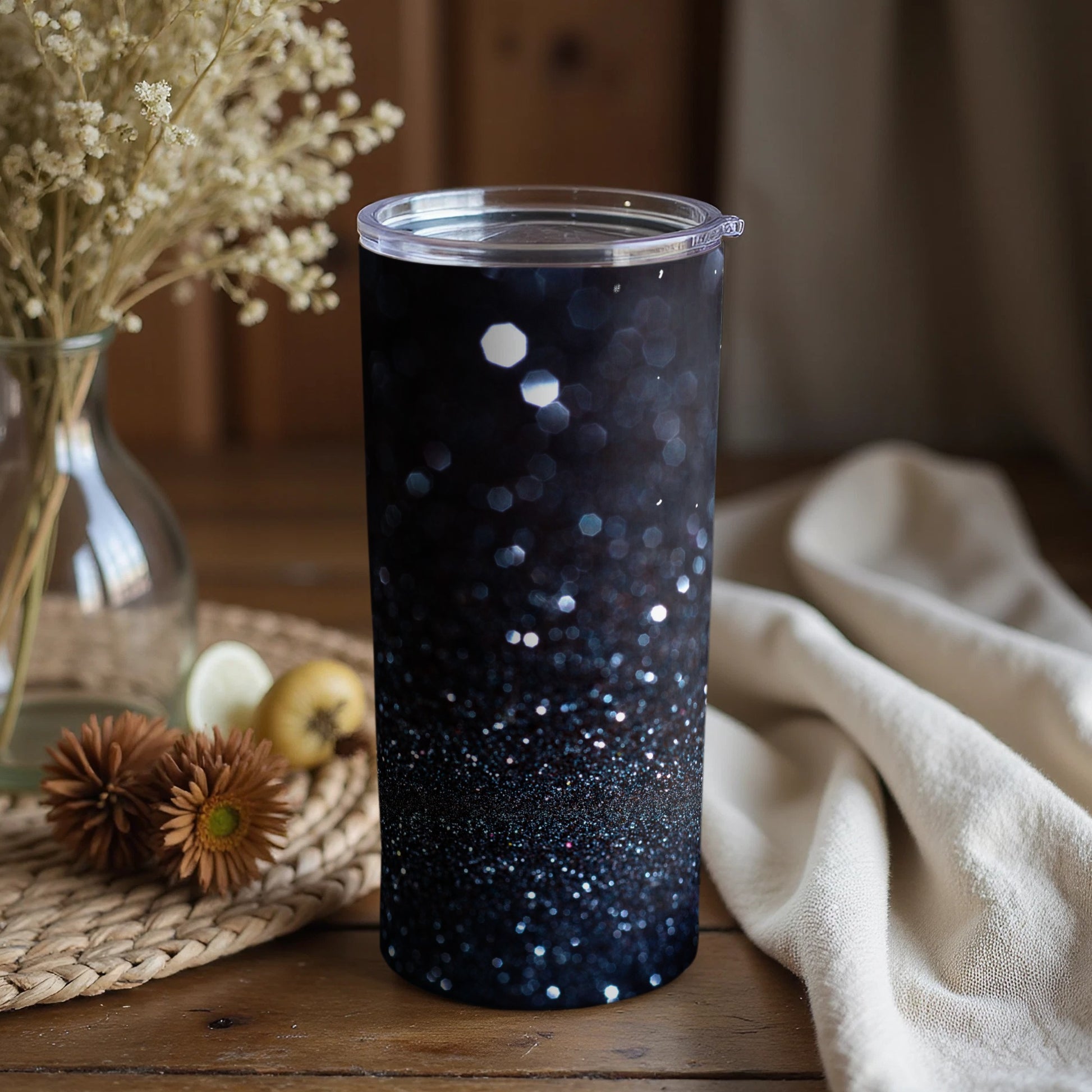 Sparkling Black Glitter Patterned Tumbler Cup