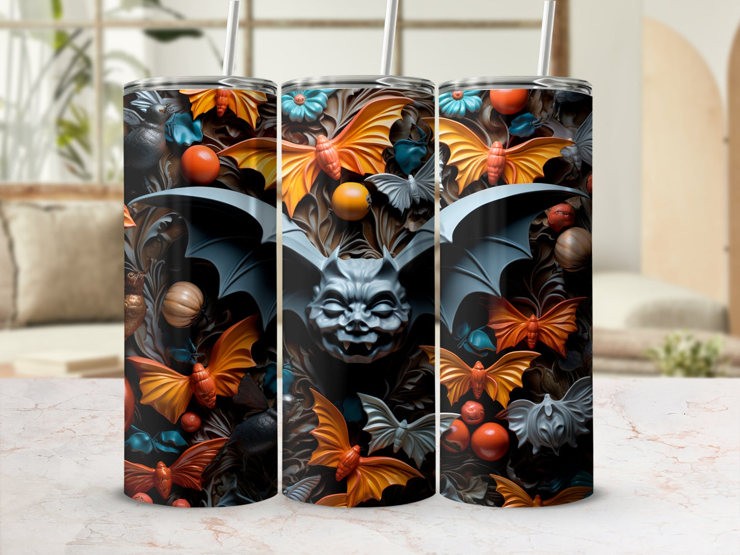 Three tumblers with a dark, gothic pattern of bats, moths, and pumpkins.