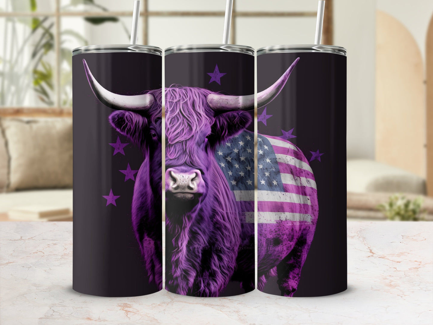Purple highland cow with American flag pattern and stars.