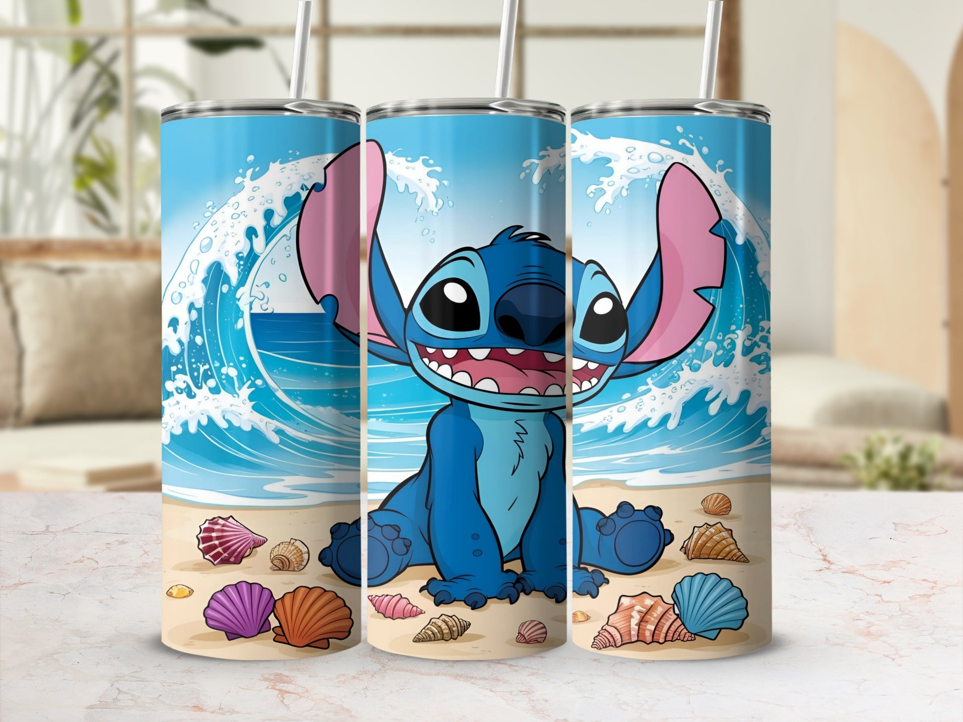 Stitch sitting on a beach with waves and seashells.