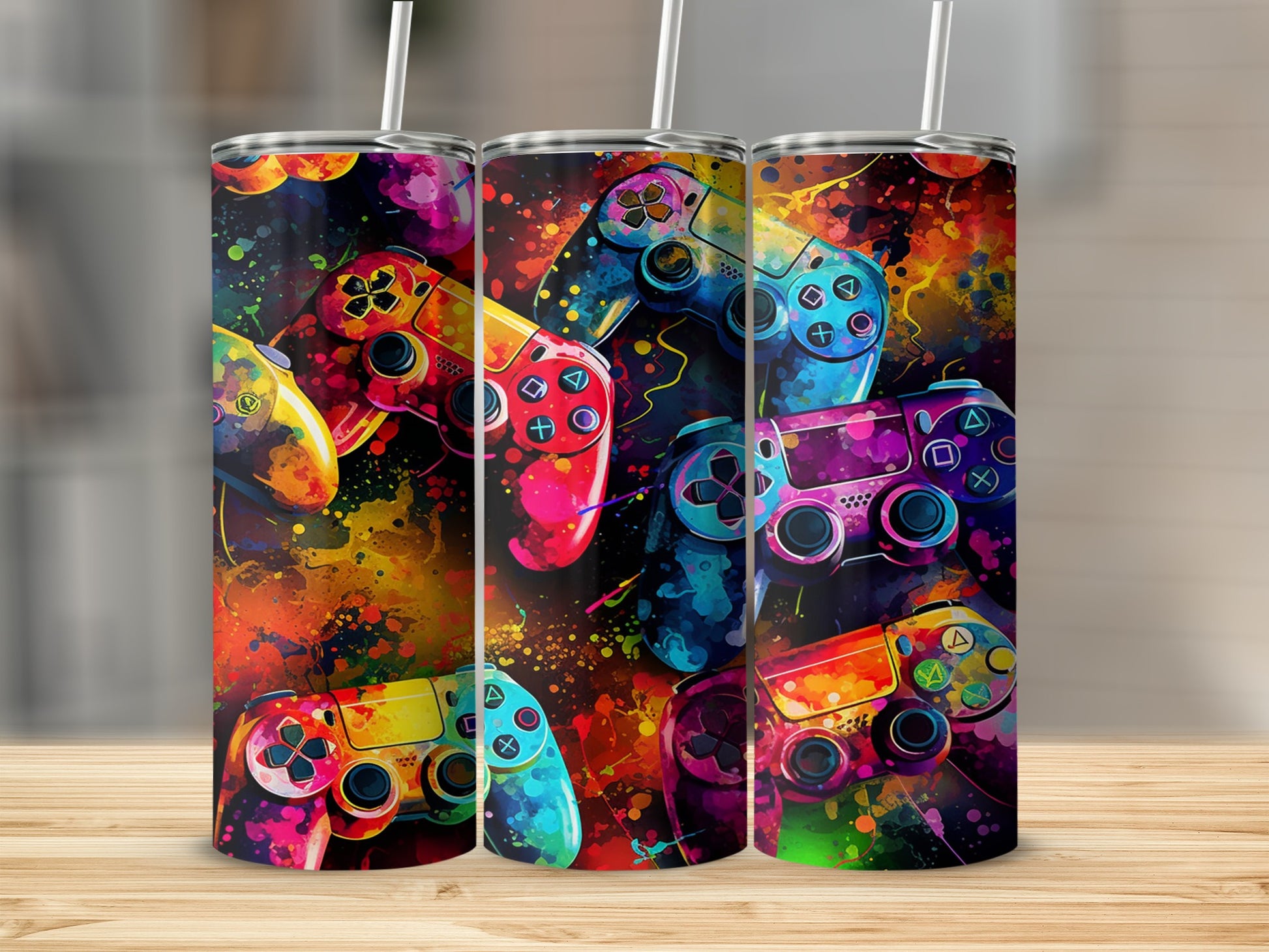 Three colorful video game controllers on a patterned background.