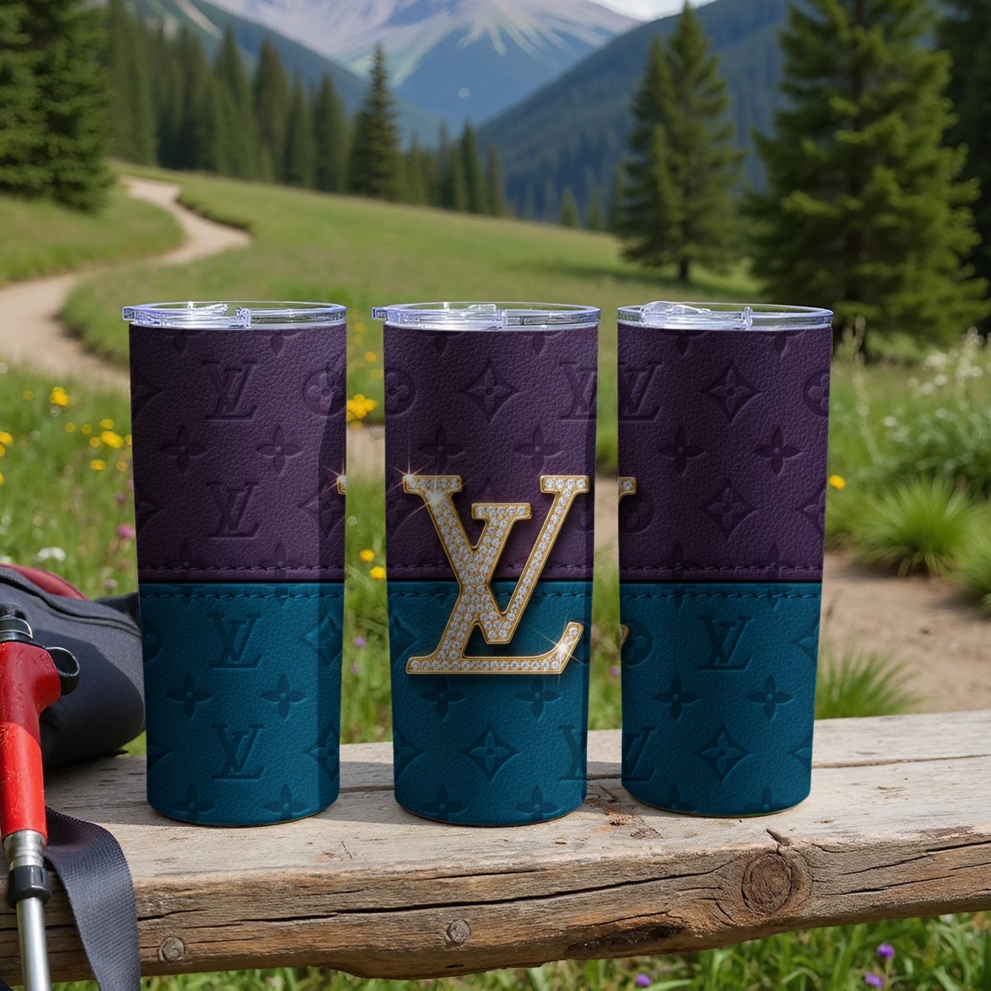 Stylish Purple and Blue Tumbler with Elegant Gold Logo Tumbler