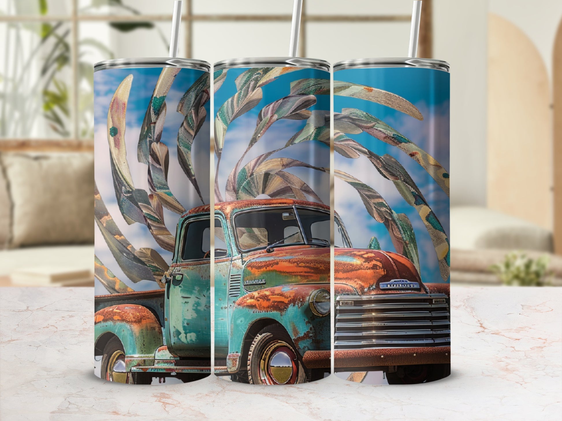 Triptych of a vintage turquoise Chevrolet truck with colorful abstract fabric draped around it.
