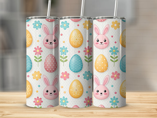 Easter tumbler with bunnies, eggs, and flowers pattern.