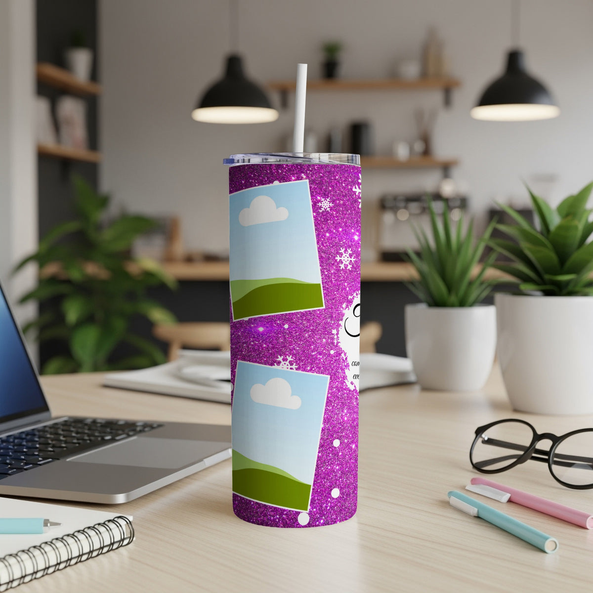 Purple glitter tumbler with two photo placeholders and snowflake designs.