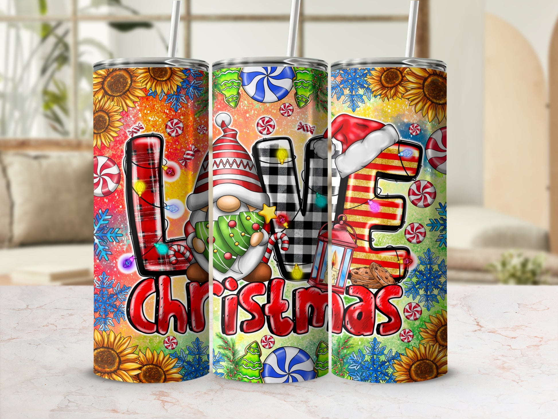 Christmas gnome with sunflower and candy cane "LOVE" design on a tumbler.
