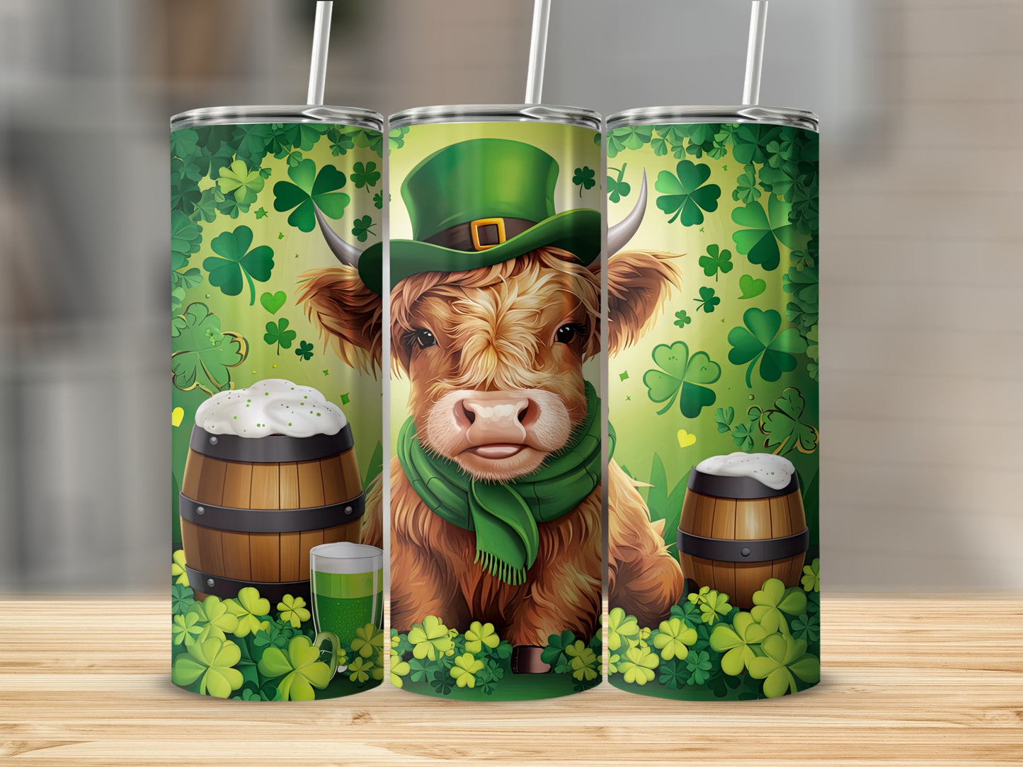 Cow wearing green hat and scarf with beer mugs and shamrocks.