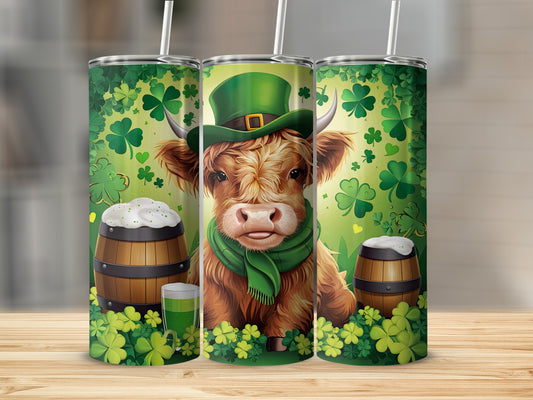 Cow wearing green hat and scarf with beer mugs and shamrocks.
