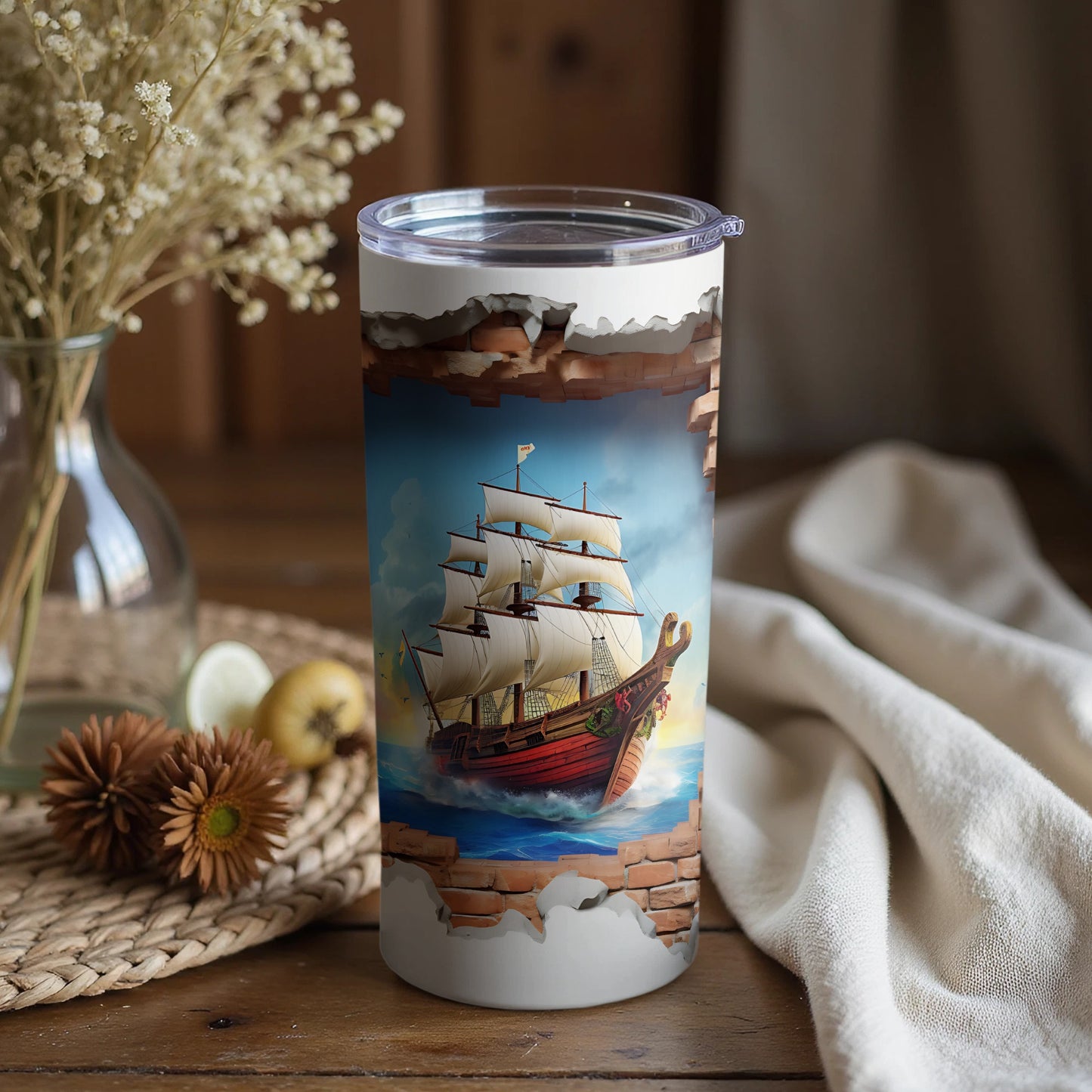 Vintage Ship Through Brick Wall Design Tumbler