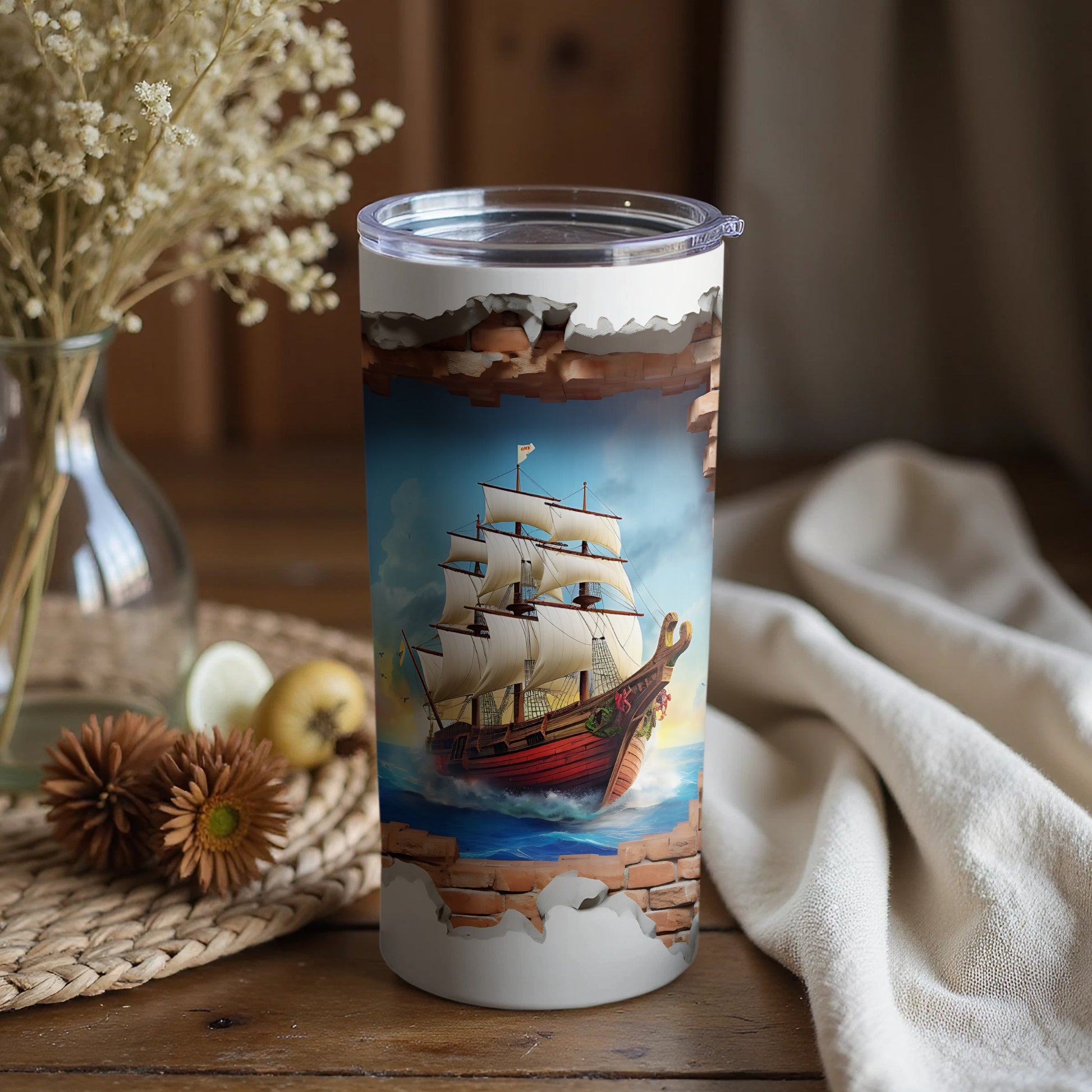 Vintage Ship Through Brick Wall Design Tumbler