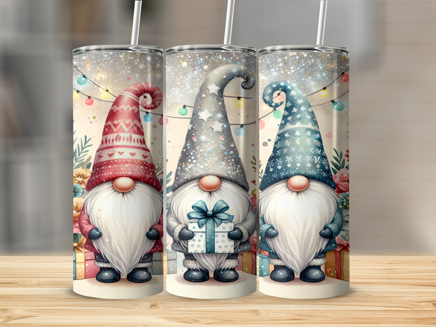 Three gnomes with pointy hats and beards, holding a gift, against bokeh lights.