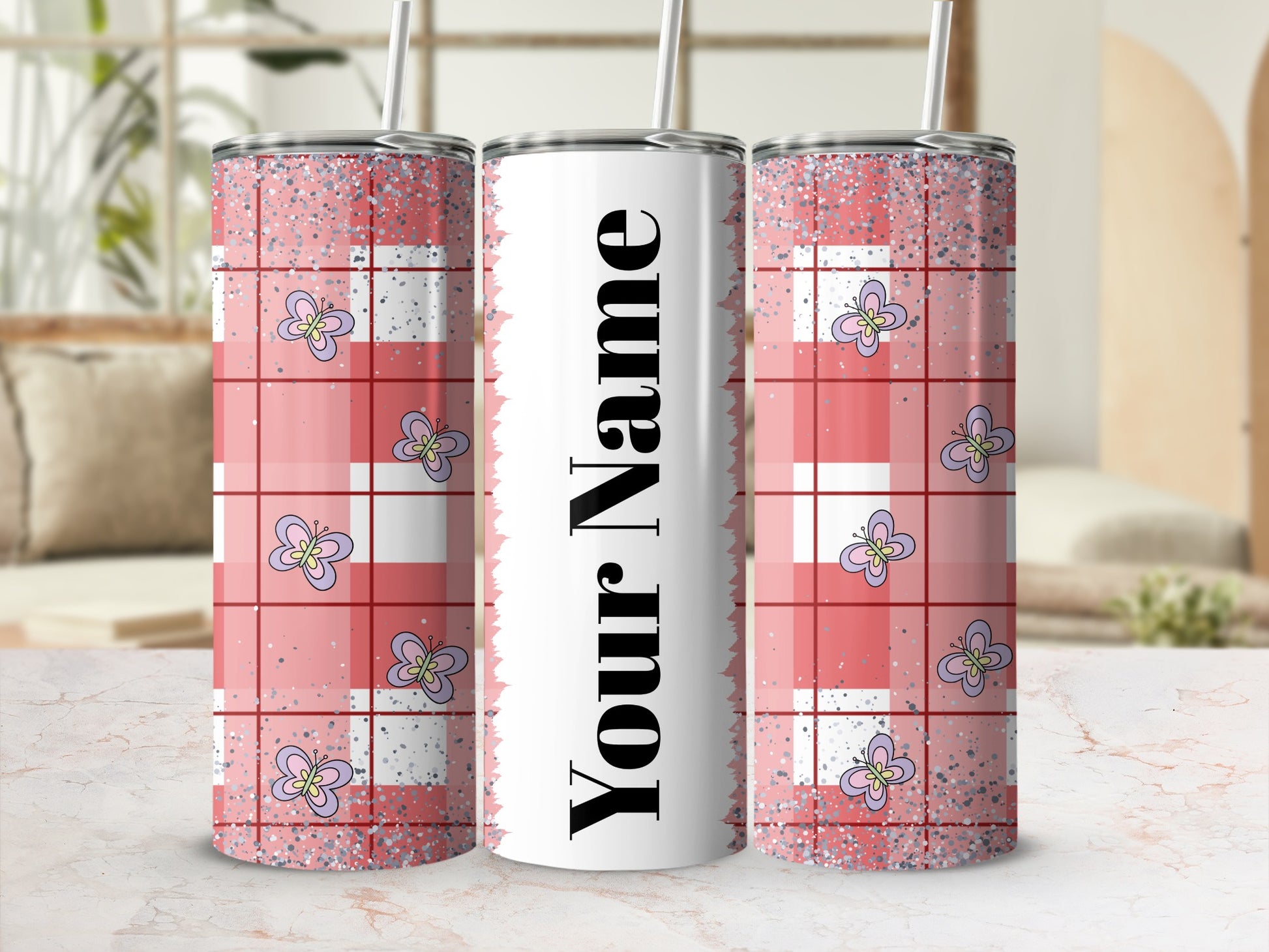 Customizable Pink Plaid Tumbler with Butterfly Design