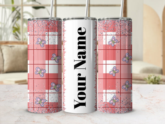 Customizable Pink Plaid Tumbler with Butterfly Design