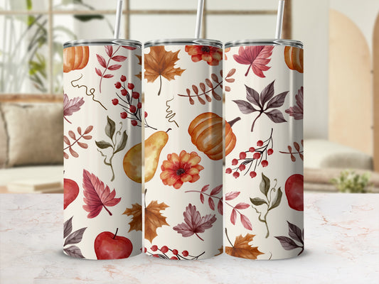 Autumn themed tumblers with pumpkins, leaves, and berries.
