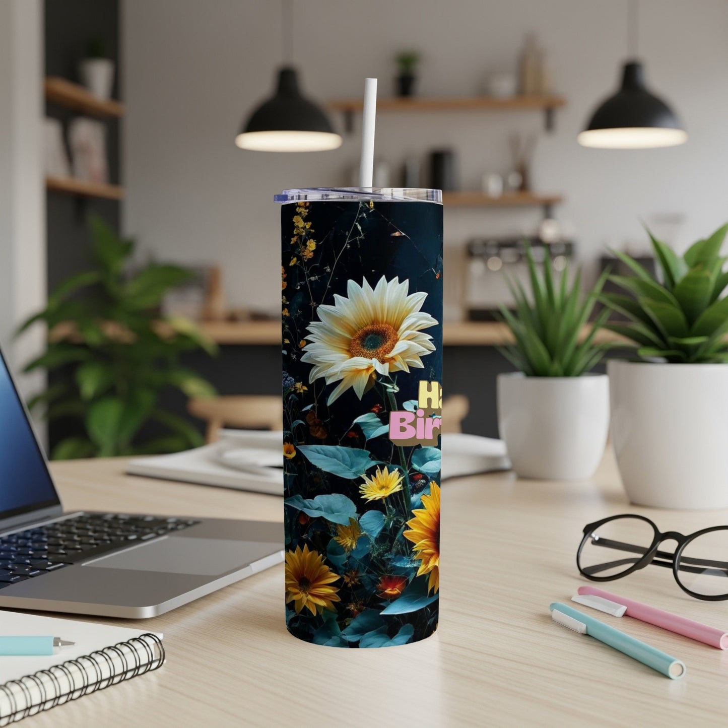 Tall tumbler with sunflowers and "Happy Birthday" text.