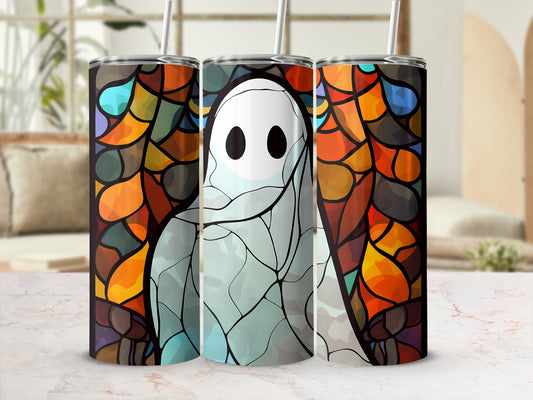 Stained glass ghost tumbler with colorful patterns and a white background.