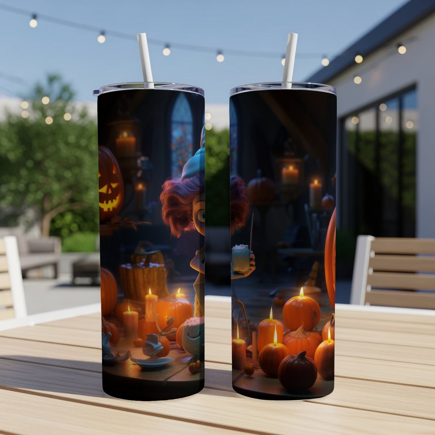 Two tumblers with a Halloween theme featuring a cartoon witch and pumpkins.