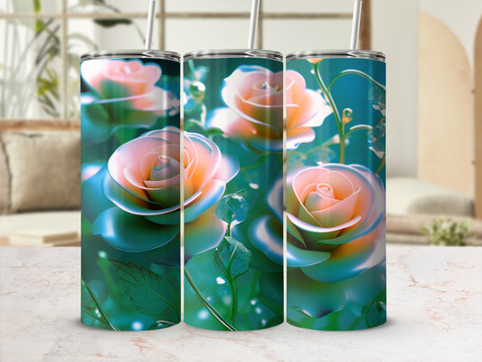 Three pink and peach roses with green leaves on a marbled surface.