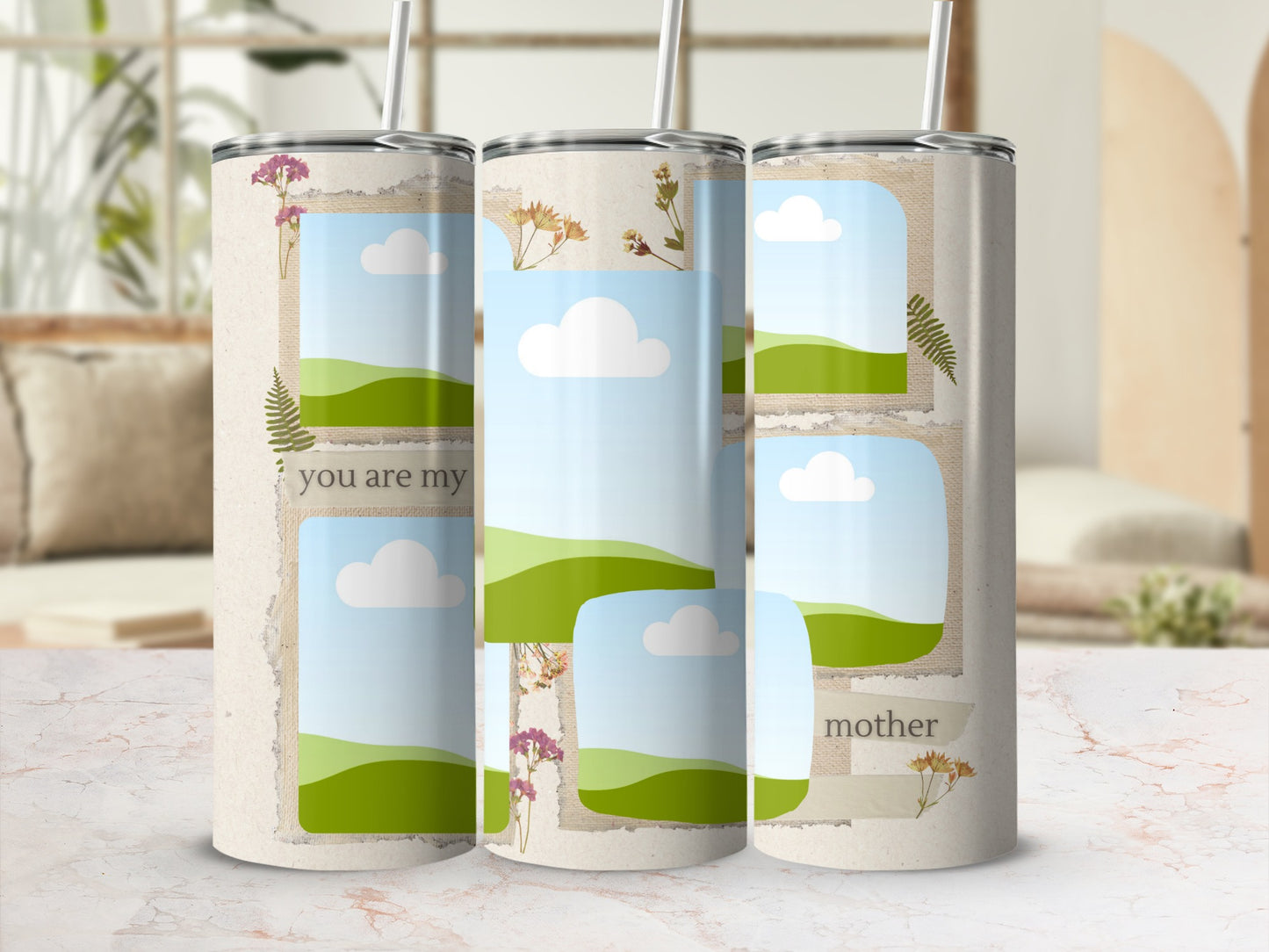 Collage of three tumblers with torn paper, flowers, and "you are my mother" text.