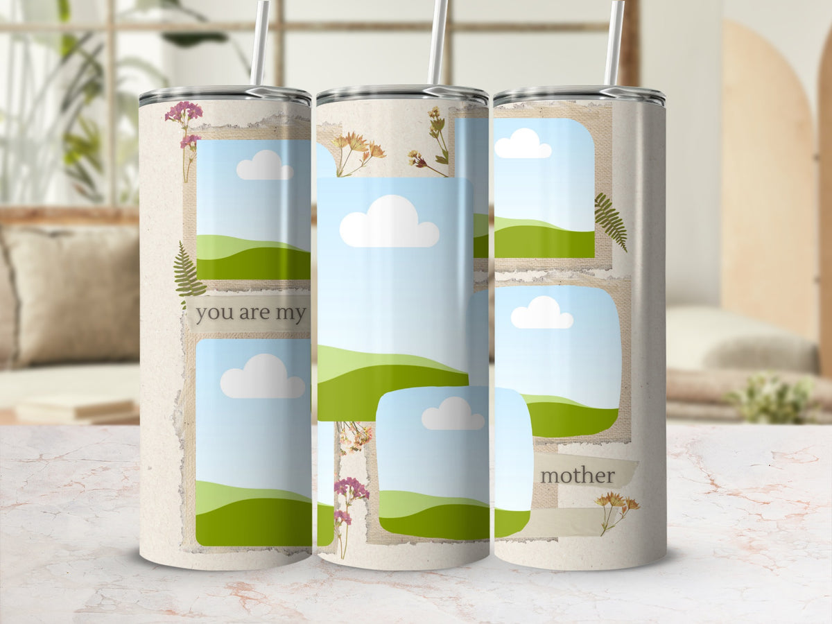 Collage of three tumblers with torn paper, flowers, and "you are my mother" text.