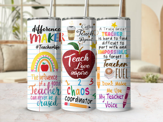 Teacher-themed tumbler with "Difference Maker," "Teacher Fuel," and "Chaos Coordinator" text.