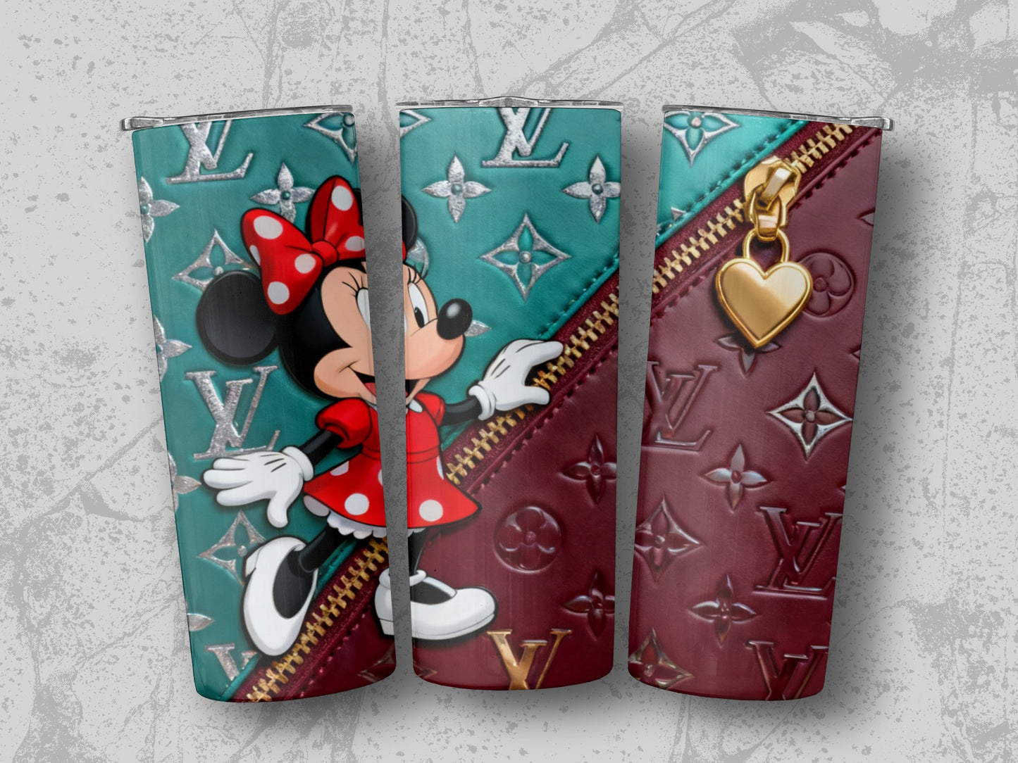 Minnie Mouse on a designer-inspired teal and burgundy tumbler with gold zipper and heart.