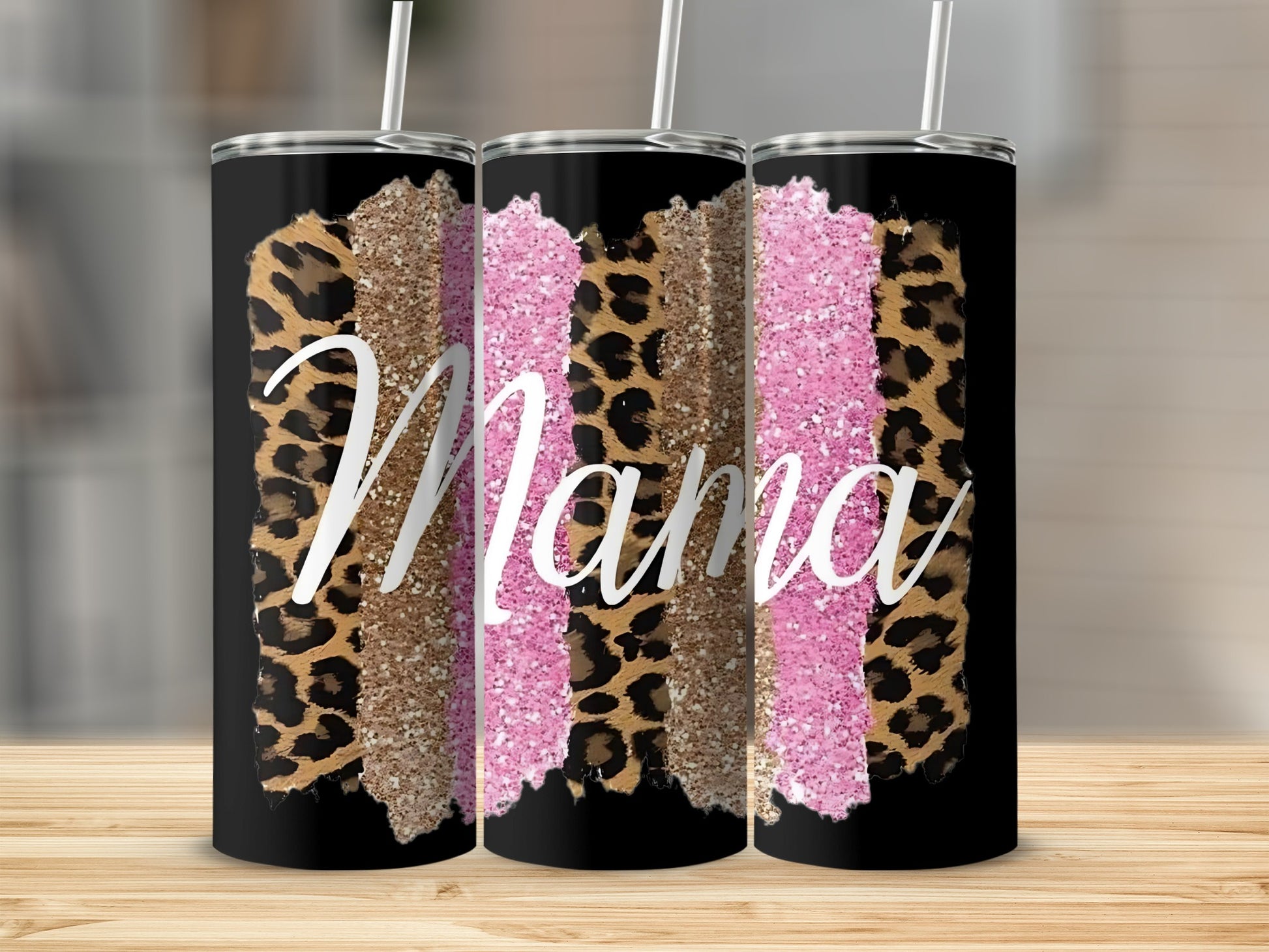 Leopard and Glitter Striped Mama Tumbler Cup Product