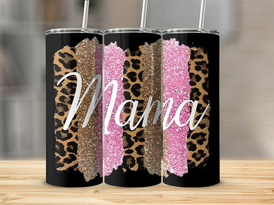 Leopard and Glitter Striped Mama Tumbler Cup Product