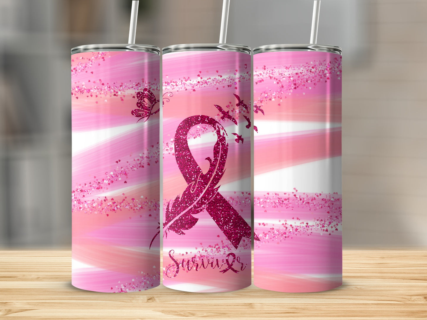 Pink glitter ribbon and butterfly survivor tumbler with pink watercolor background.