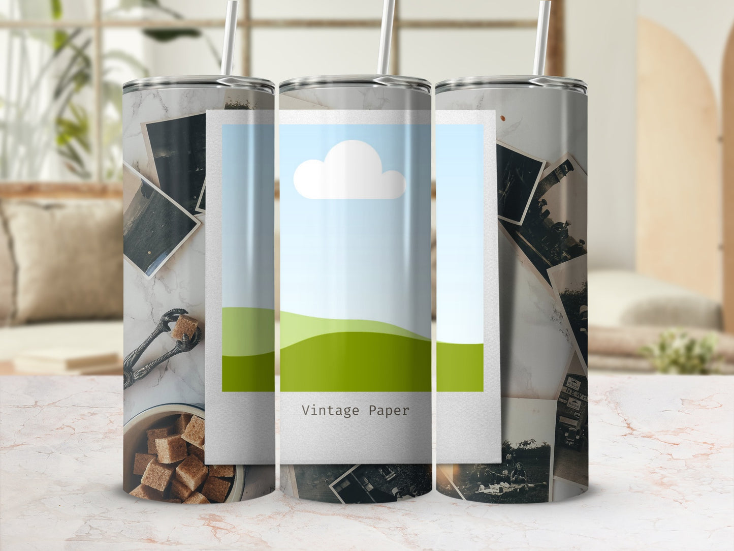 Three tumblers with a vintage paper, old photos, and landscape design.