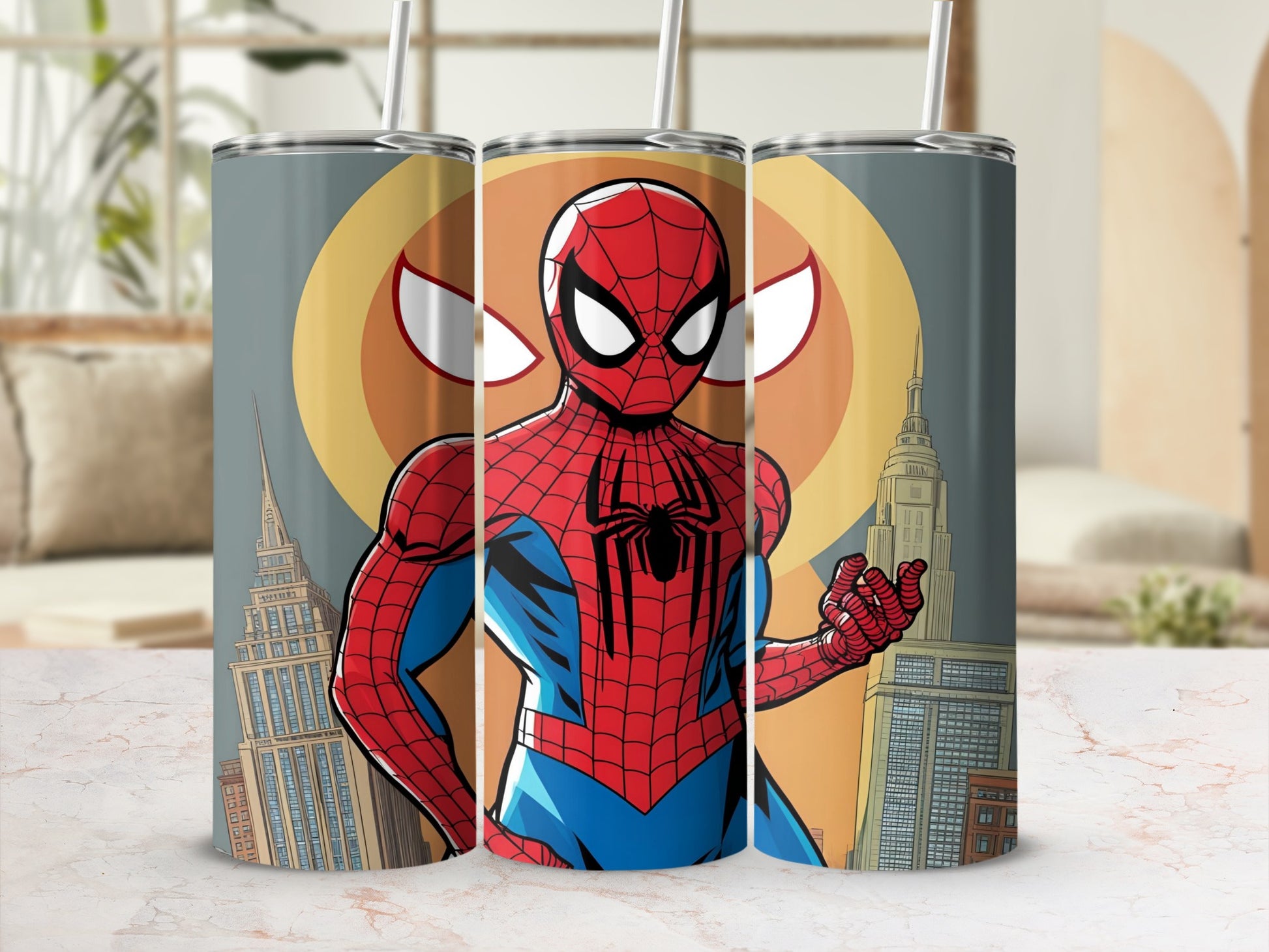 Spider-Man tumbler with city skyline and circular emblem.