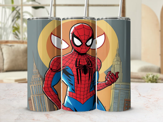 Spider-Man tumbler with city skyline and circular emblem.