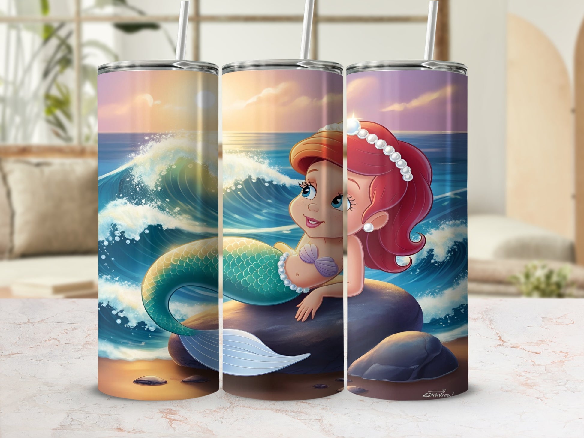 Ariel the mermaid on a rock with a pearl headband and shimmering tail.