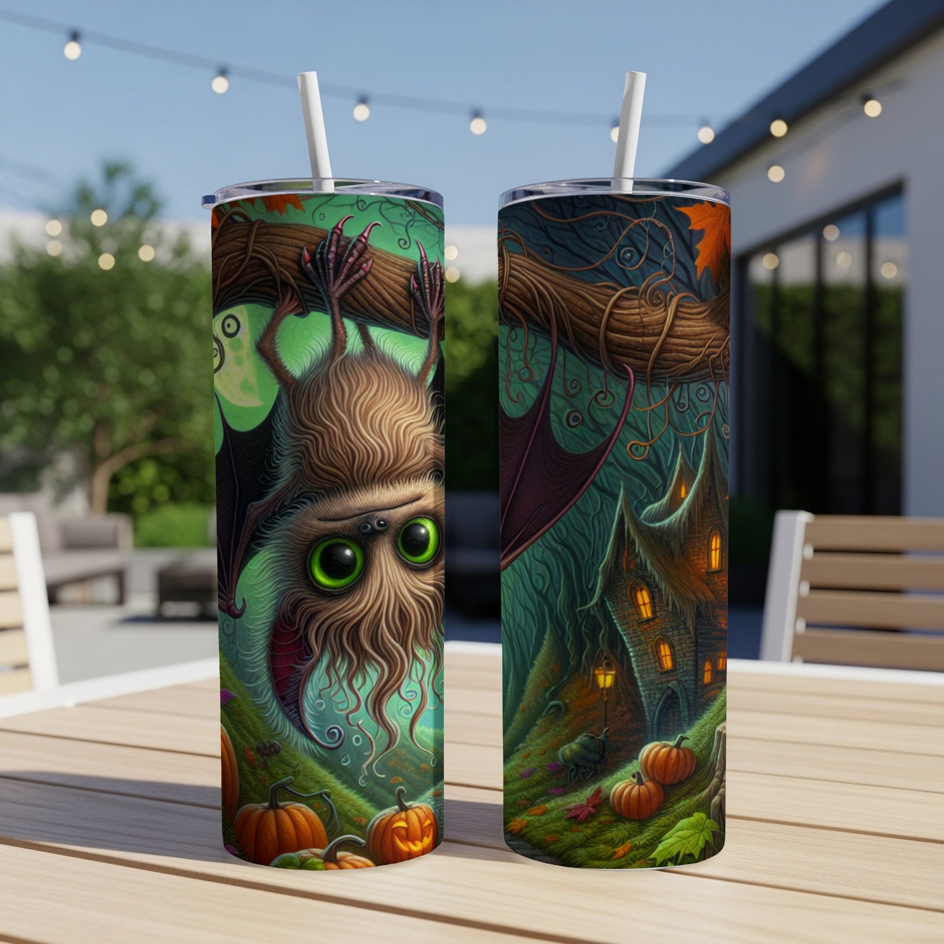 Two tumblers with a Halloween theme showing a bat, spooky house, and pumpkins.