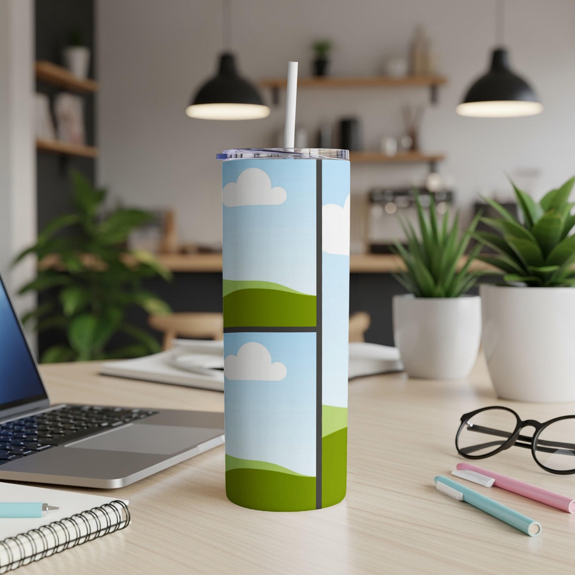 Tumbler with cartoon clouds and rolling green hills pattern